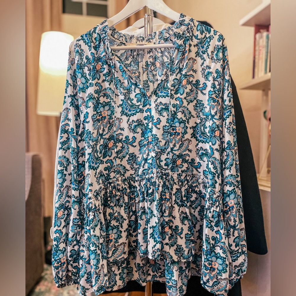 Loft Blue White Ruffle Tie Neck Top